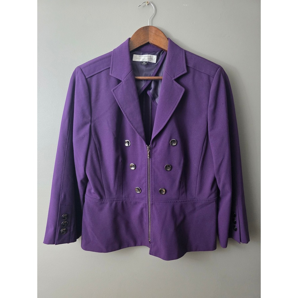 Tahari Arthur S Levine Purple Double Breasted Zip Peplum Blazer Jacket 12P